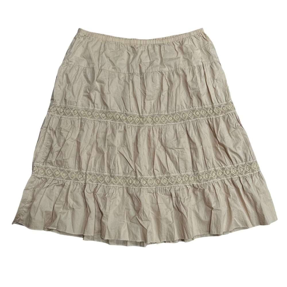 Tan Beige Tiered Midi Skirt Crochet Lace Trim Elastic Waist Boho Cottagecore